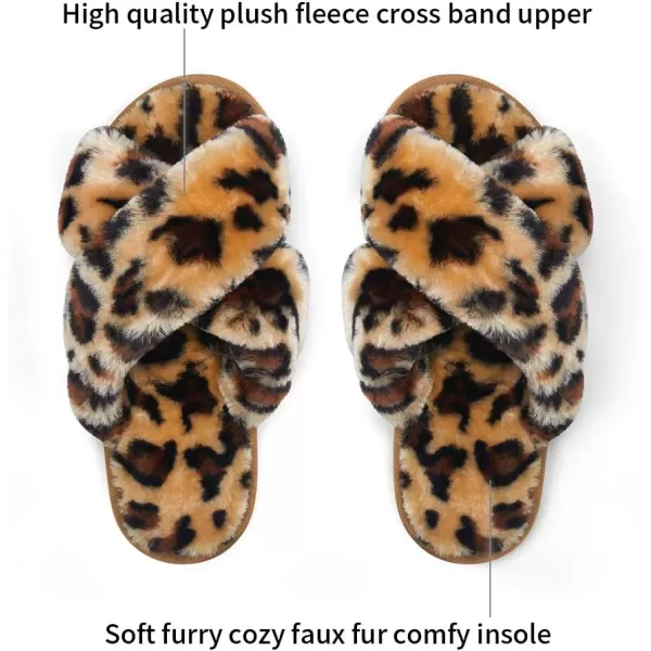 Vepose Womens Cross Band Slippers Soft Plush Furry Open Toe Fur Slides Fuzzy Fluffy Slip on House Shoes Indoor Outdoor SlippersCross Band801leopard