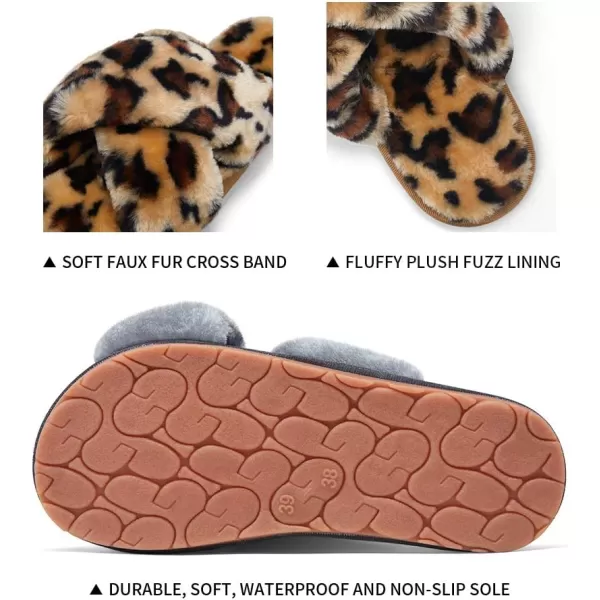 Vepose Womens Cross Band Slippers Soft Plush Furry Open Toe Fur Slides Fuzzy Fluffy Slip on House Shoes Indoor Outdoor SlippersCross Band801leopard