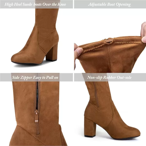 Vepose Womens Suede Boots Over the Knee High Vegan Chunky Heels Side Zipper Adjustable Opening ShoesSuede991camel