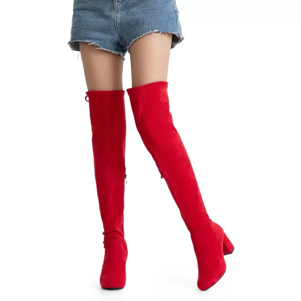 Vepose Womens Suede Boots Over the Knee High Vegan Chunky Heels Side Zipper Adjustable Opening ShoesSuede991red