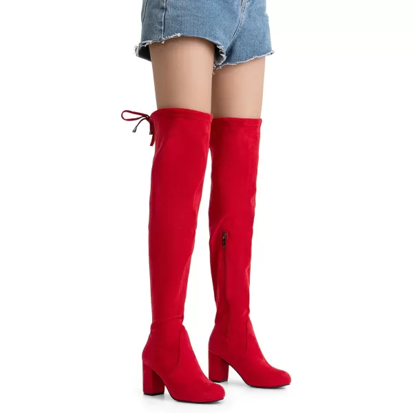 Vepose Womens Suede Boots Over the Knee High Vegan Chunky Heels Side Zipper Adjustable Opening ShoesSuede991red