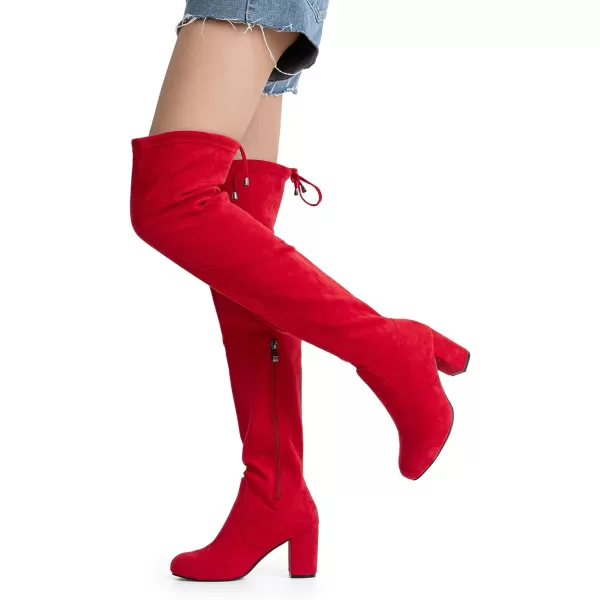 Vepose Womens Suede Boots Over the Knee High Vegan Chunky Heels Side Zipper Adjustable Opening ShoesSuede991red