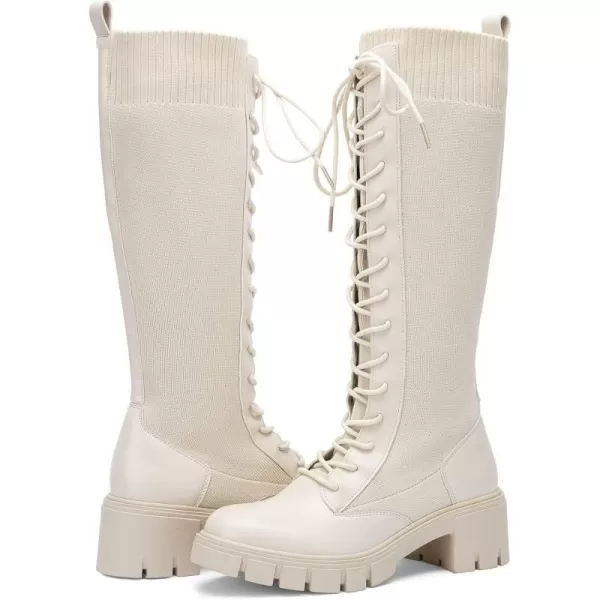 Vepose Womens 953 Lace Platform Combat Knee High Boots with Comfort Chunky HeelPlatform953beige