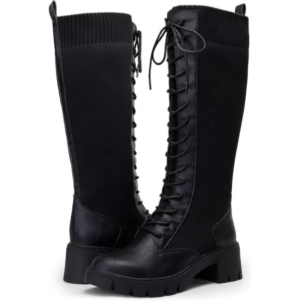 Vepose Womens 953 Lace Platform Combat Knee High Boots with Comfort Chunky HeelPlatform953black