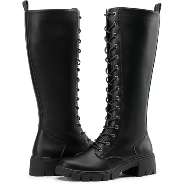 Vepose Womens 953 Lace Platform Combat Knee High Boots with Comfort Chunky HeelPlatform953blackpu