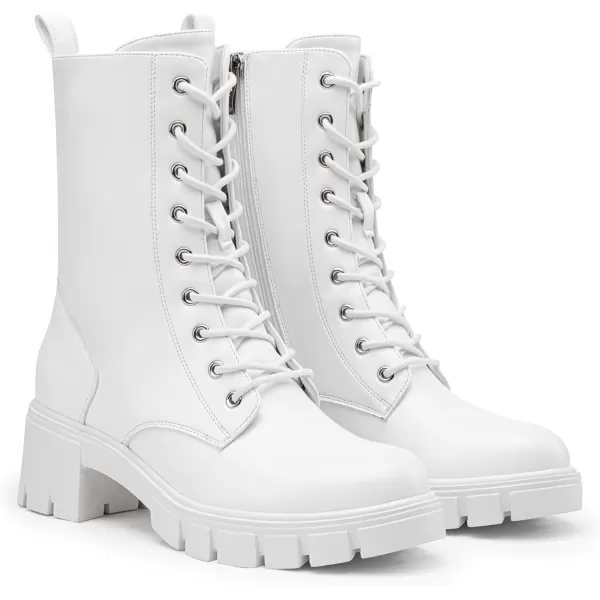 Vepose Womens 9650A Mid Calf Combat Boots Lace Up Elastic Chunky Platform Boot with Side ZipperCombat Boots9650aall White