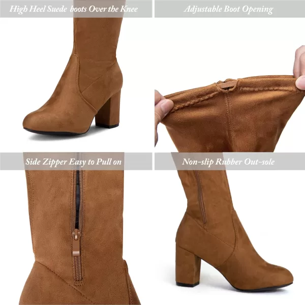 Vepose Womens 991 Suede Boots Over The Knee High Vegan 303 Inch Chunky Heels Side Zipper Adjustable Opening ShoesSuede991camel