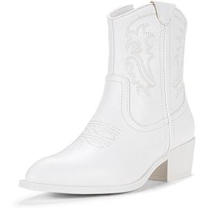 imageVepose Womens 9816 Cowboy Boots Ankle Western Short Cowgirl Embroidered Round Toe Low Heel Booties with Side ZipperAwestern Cowboy Boots9816white