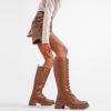 imageVepose Womens 953 Lace Platform Combat Knee High Boots with Comfort Chunky HeelPlatform953brownpu