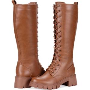 imageVepose Womens 953 Lace Platform Combat Knee High Boots with Comfort Chunky HeelPlatform953brownpu