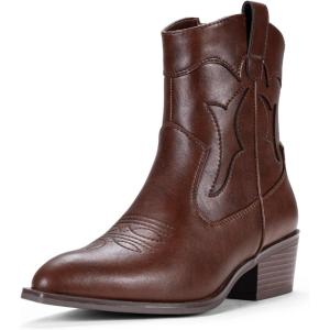 imageVepose Womens 9816 Cowboy Boots Ankle Western Short Cowgirl Embroidered Round Toe Low Heel Booties with Side ZipperWestern Cowboy Boots9815whisky