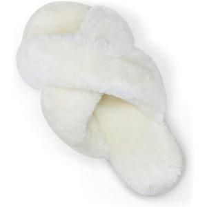 imageVepose Womens 801 Cross Band Slippers Soft Plush Furry Open Toe Fur Slides Fuzzy Fluffy Slip on House Shoes Indoor Outdoor SlippersCross Band801beige