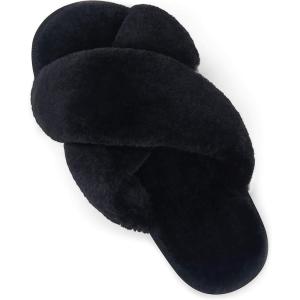 imageVepose Womens 801 Cross Band Slippers Soft Plush Furry Open Toe Fur Slides Fuzzy Fluffy Slip on House Shoes Indoor Outdoor SlippersCross Band801black
