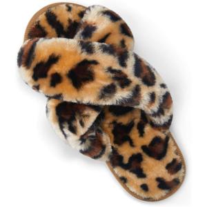 imageVepose Womens 801 Cross Band Slippers Soft Plush Furry Open Toe Fur Slides Fuzzy Fluffy Slip on House Shoes Indoor Outdoor SlippersCross Band801leopard