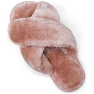 imageVepose Womens 801 Cross Band Slippers Soft Plush Furry Open Toe Fur Slides Fuzzy Fluffy Slip on House Shoes Indoor Outdoor SlippersCross Band801pink