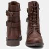 imageVepose Womens 928 Combat Boots Low Heel Mid Calf Military Boots with Card Knife Wallet PocketHigh Combat929cognac