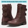 imageVepose Womens 928 Combat Boots Low Heel Mid Calf Military Boots with Card Knife Wallet PocketHigh Combat929cognac
