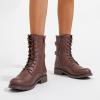 imageVepose Womens 928 Combat Boots Low Heel Mid Calf Military Boots with Card Knife Wallet PocketHigh Combat929cognac