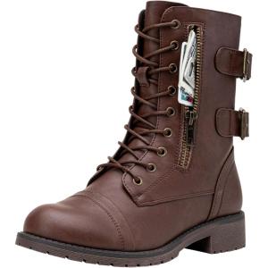 imageVepose Womens 928 Combat Boots Low Heel Mid Calf Military Boots with Card Knife Wallet PocketHigh Combat929cognac
