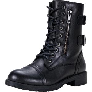 imageVepose Womens 928 Combat Boots Low Heel Mid Calf Military Boots with Card Knife Wallet PocketLeather929lblack