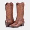 imageVepose Womens Cowboy Boots Embroidered Western MidCalf 9802 Cowgirl Boots Pointed Toe Pull on Boots with Chunky HeelVintage9802brown