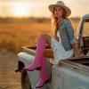 imageVepose Womens Tall Cowboy Boots Knee High Cowgirl Low Heel Comfy Boots for LadiesVintage Cowboy9810pink