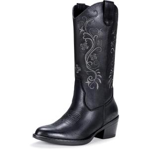 imageVepose Womens Cowboy Boots Embroidered Western MidCalf 9802 Cowgirl Boots Pointed Toe Pull on Boots with Chunky HeelClassic9802black