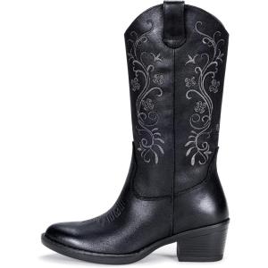 imageVepose Womens Cowboy Boots Embroidered Western MidCalf 9802 Cowgirl Boots Pointed Toe Pull on Boots with Chunky HeelRustic9802black Pu