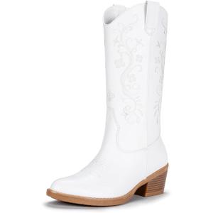 imageVepose Womens Cowboy Boots Embroidered Western MidCalf 9802 Cowgirl Boots Pointed Toe Pull on Boots with Chunky HeelTrendy9802white