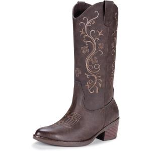 imageVepose Womens Cowboy Boots Embroidered Western MidCalf 9802 Cowgirl Boots Pointed Toe Pull on Boots with Chunky HeelWestern9802whisky