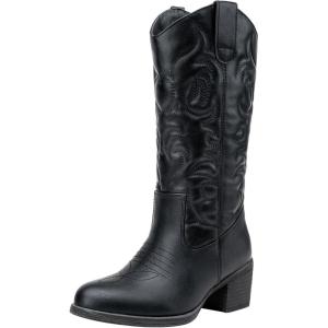 imageVepose Womens Cowboy Boots Western Cowgirl Round Toe Mid Calf Boots for WomenVintage Cowboy9801black