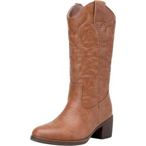 imageVepose Womens Cowboy Boots Western Cowgirl Round Toe Mid Calf Boots for WomenVintage Cowboy9801brown