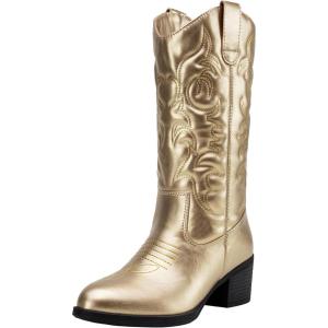 imageVepose Womens Cowboy Boots Western Cowgirl Round Toe Mid Calf Boots for WomenVintage Cowboy9801gold
