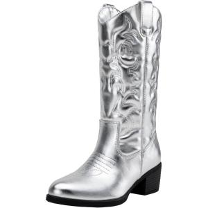 imageVepose Womens Cowboy Boots Western Cowgirl Round Toe Mid Calf Boots for WomenVintage Cowboy9801silver