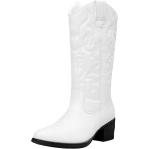 imageVepose Womens Cowboy Boots Western Cowgirl Round Toe Mid Calf Boots for WomenVintage Cowboy9801white