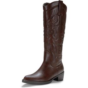 imageVepose Womens Tall Cowboy Boots Knee High Cowgirl Low Heel Comfy Boots for LadiesVintage Cowboy9810whisky