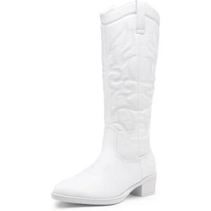 imageVepose Womens Tall Cowboy Boots Knee High Cowgirl Low Heel Comfy Boots for LadiesVintage Cowboy9810white