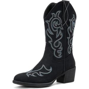 imageVepose Womens Cowboy Mid Calf Boots Cowgirl Western Embroidered Chunky Low Heel 9800 Boots with ZipperBlackmodern Cowboy