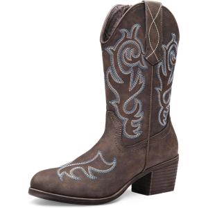 imageVepose Womens Cowboy Mid Calf Boots Cowgirl Western Embroidered Chunky Low Heel 9800 Boots with ZipperDark Brownmodern Cowboy