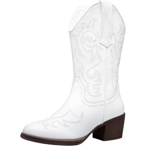 imageVepose Womens Cowboy Mid Calf Boots Cowgirl Western Embroidered Chunky Low Heel 9800 Boots with ZipperWhitemodern Cowboy