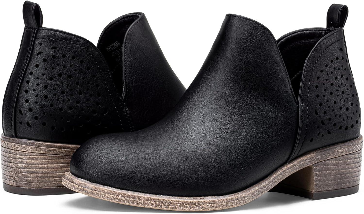 imageVepose Womens Short Ankle Boots Low Heel Western Cutout Perforated BootiesAclassic Perf912black Pu
