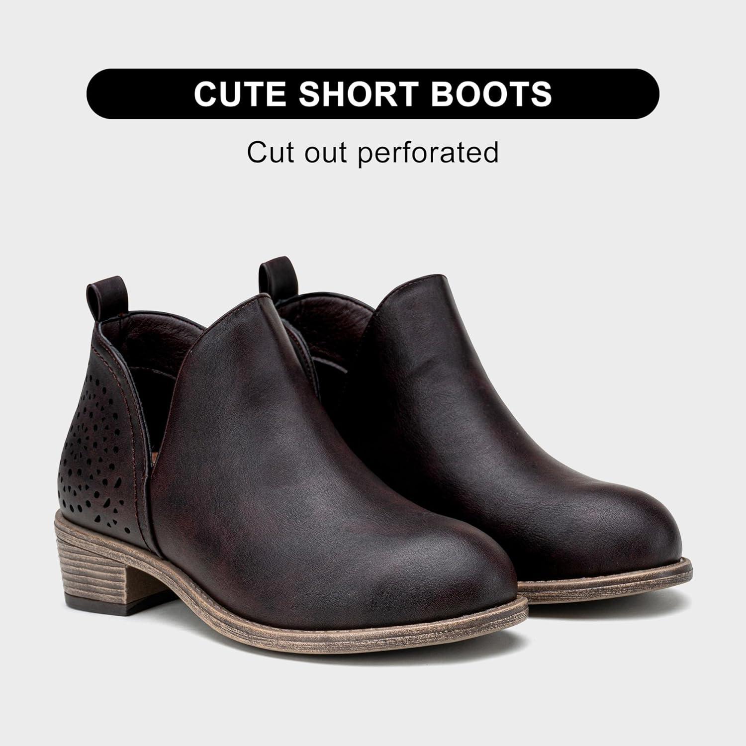 imageVepose Womens Short Ankle Boots Low Heel Western Cutout Perforated BootiesClassic Perf912dark Tan