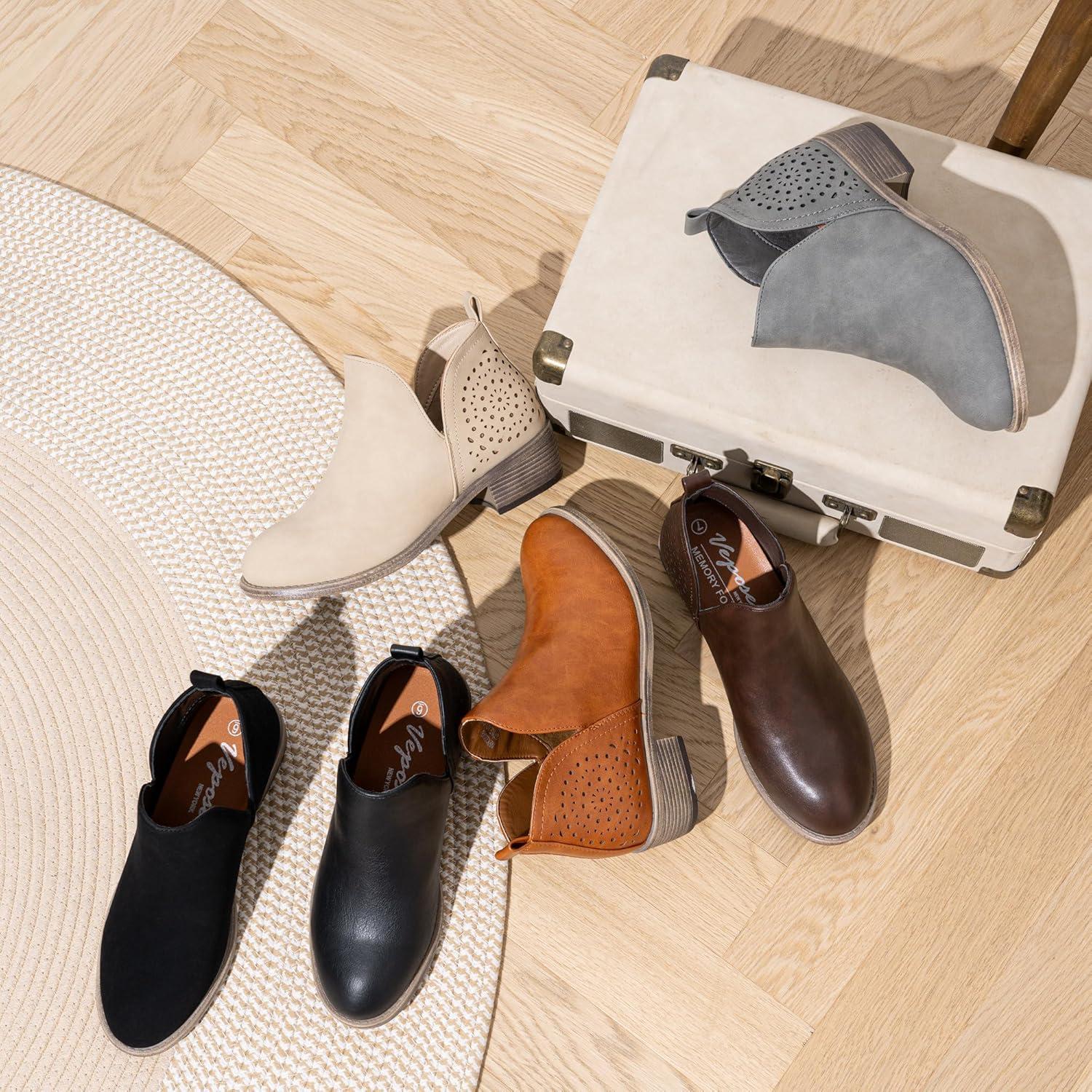 imageVepose Womens Short Ankle Boots Low Heel Western Cutout Perforated BootiesClassic Perf912dark Tan