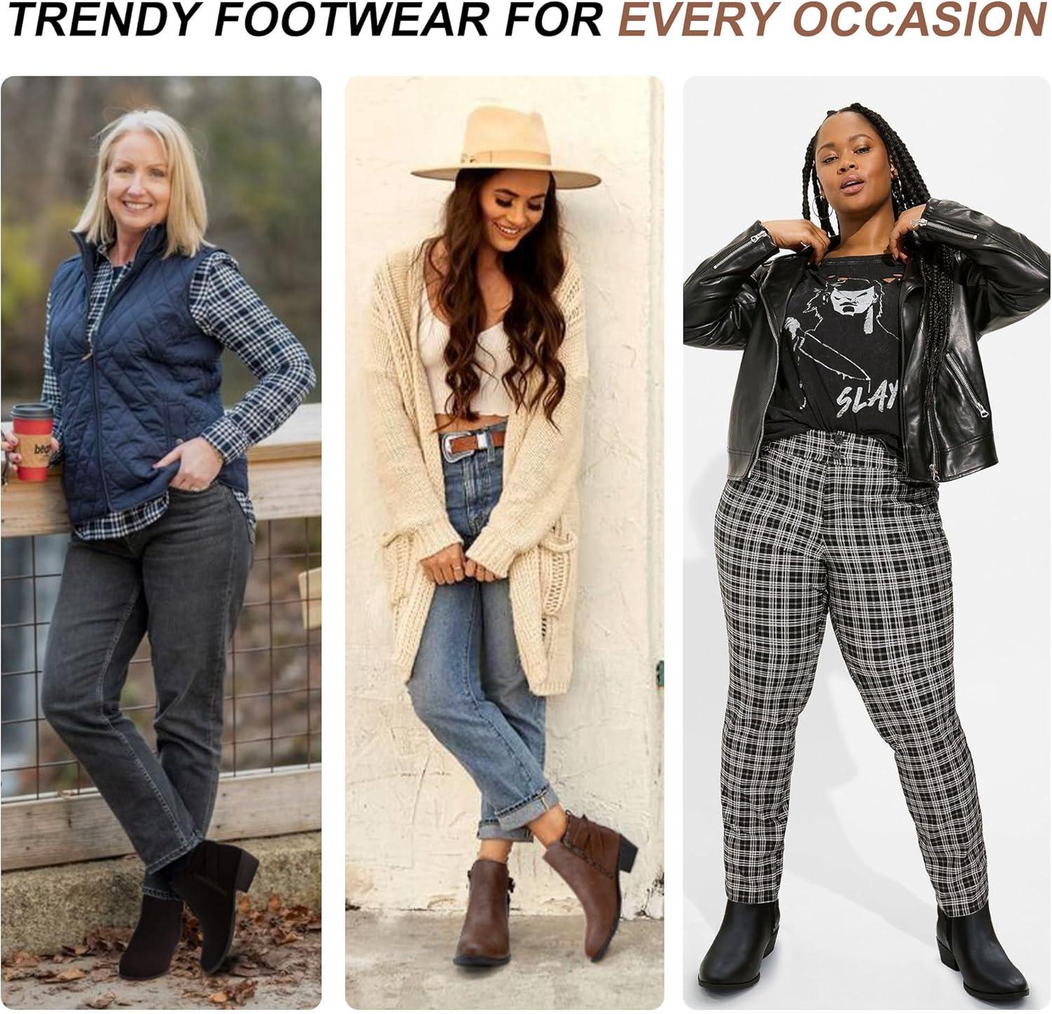 imageVepose Womens Short Ankle Boots Low Heel Western Cutout Perforated BootiesElegant911cognac