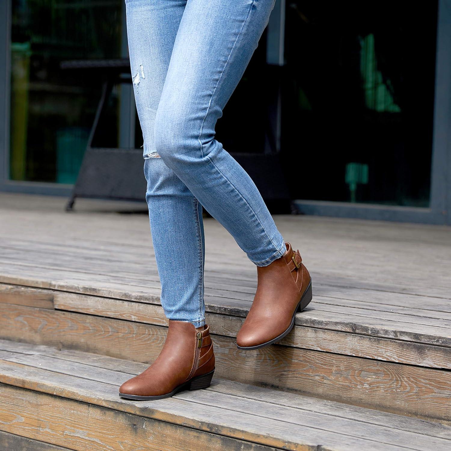 imageVepose Womens Short Ankle Boots Low Heel Western Cutout Perforated BootiesElegant911cognac