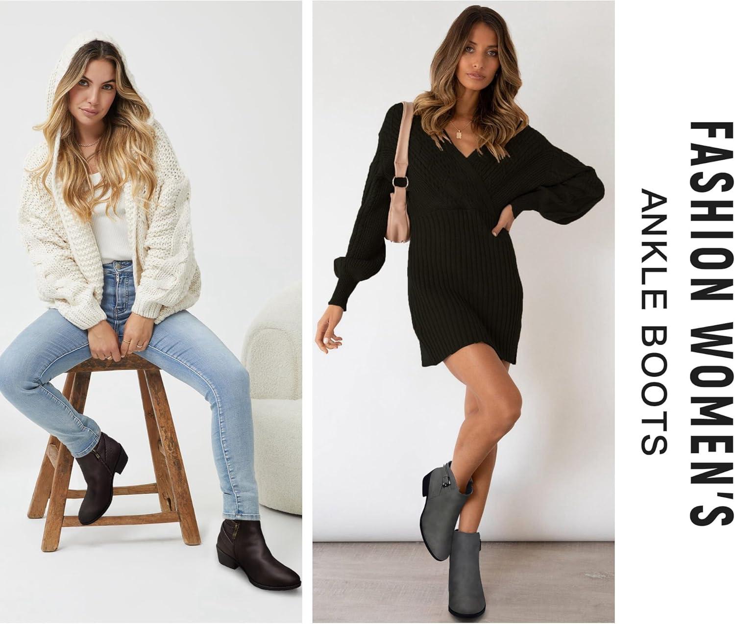 imageVepose Womens Short Ankle Boots Low Heel Western Cutout Perforated BootiesElegant911grey