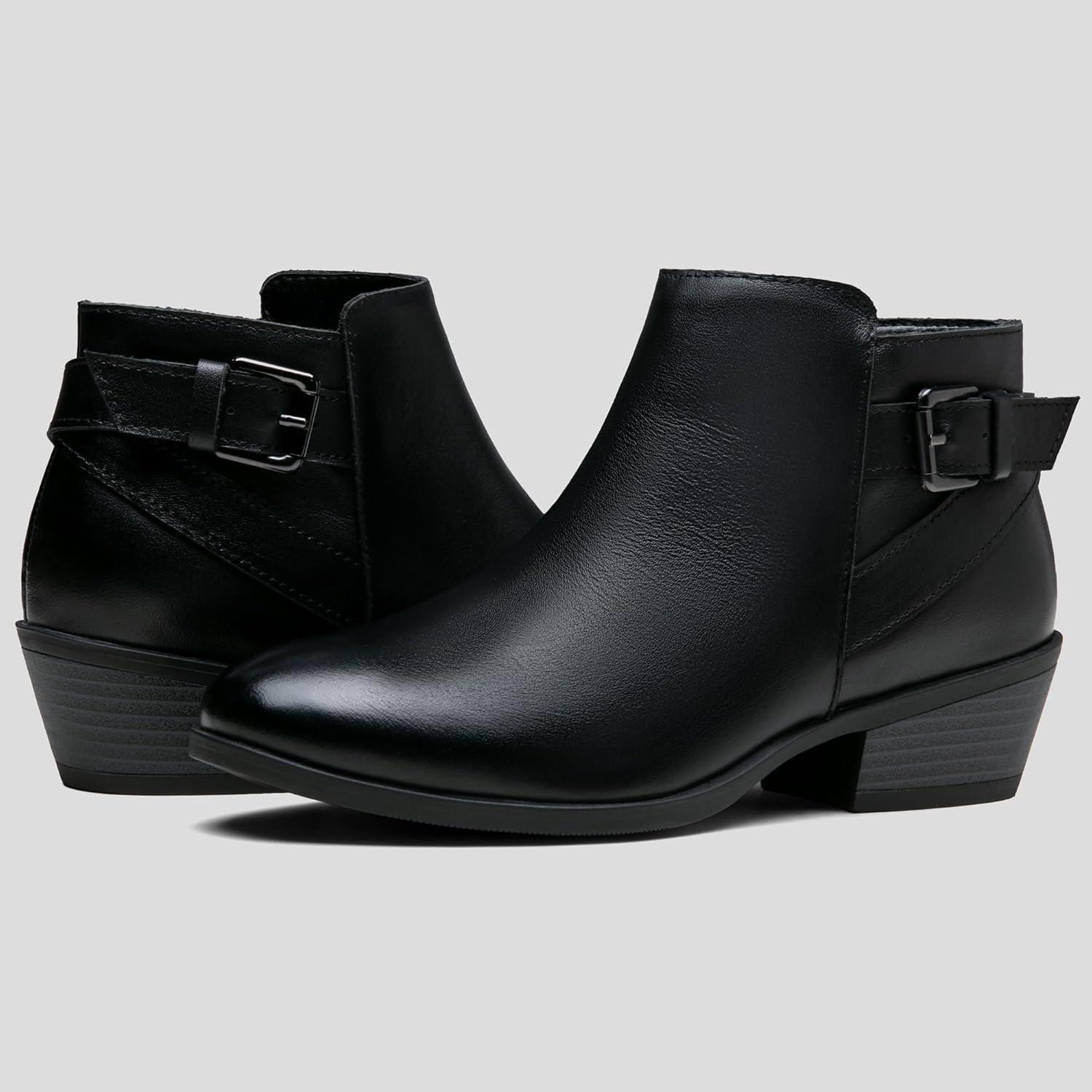 imageVepose Womens Short Ankle Boots Low Heel Western Cutout Perforated BootiesLeather Western911lblack