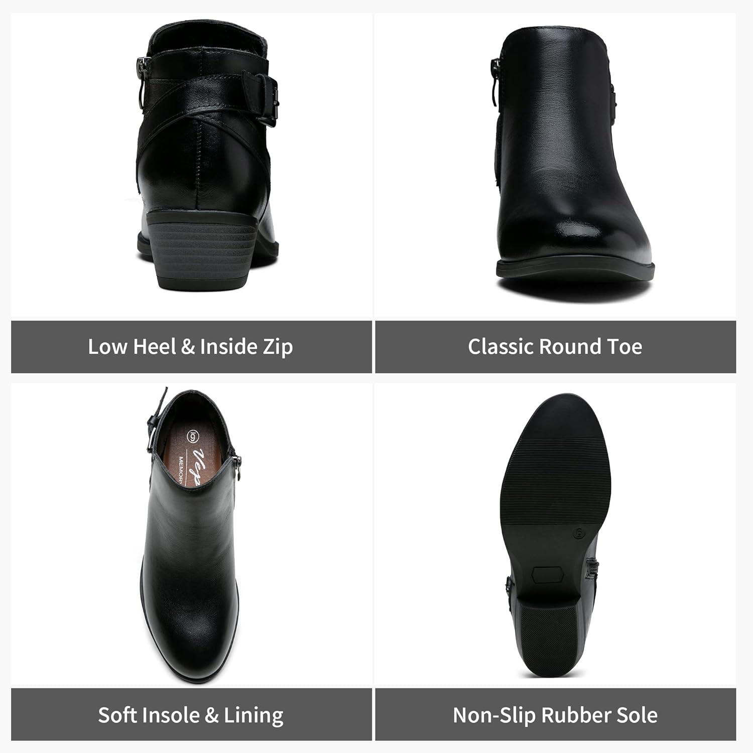 imageVepose Womens Short Ankle Boots Low Heel Western Cutout Perforated BootiesLeather Western911lblack