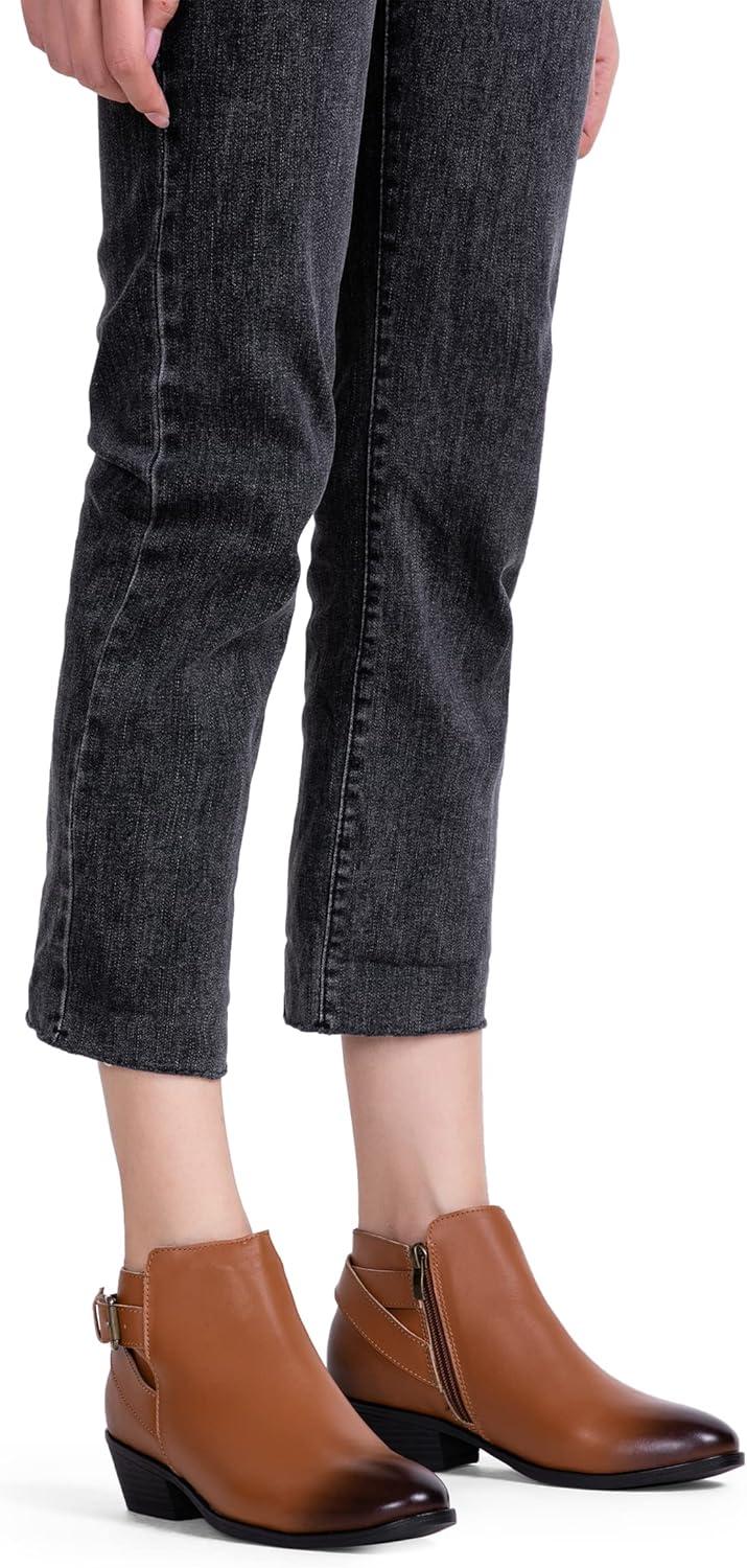 imageVepose Womens Short Ankle Boots Low Heel Western Cutout Perforated BootiesLeather Western911lyellow Brown