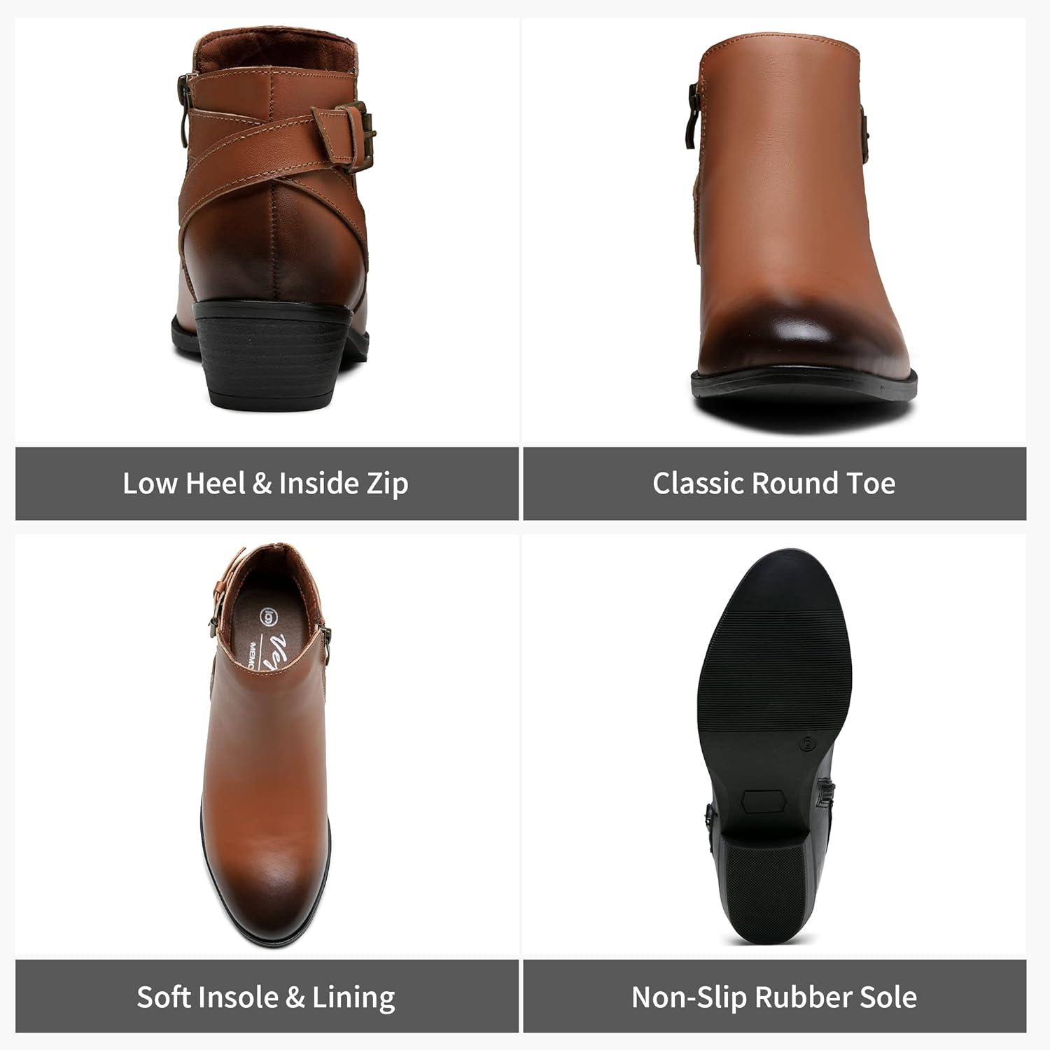 imageVepose Womens Short Ankle Boots Low Heel Western Cutout Perforated BootiesLeather Western911lyellow Brown